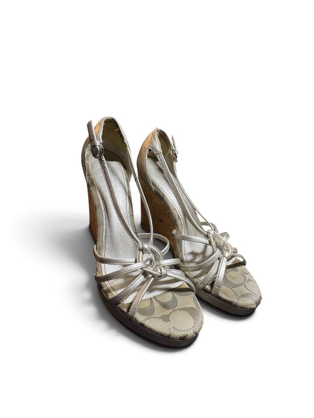 Coach Metallic Silver T-Strap Wedge Sandals with Signature Canvas Toe